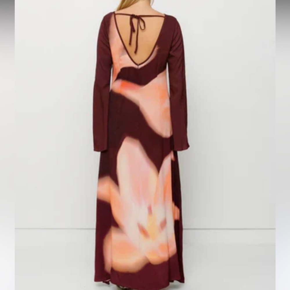 The WOLF GANG Leona Maxi Dress with flare sleeve and florals burgundy dress SZ S - Picture 6 of 16